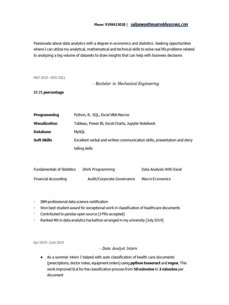 Data Analyst Fresher Resume Summary | PDF | Data Analysis | Microsoft Excel