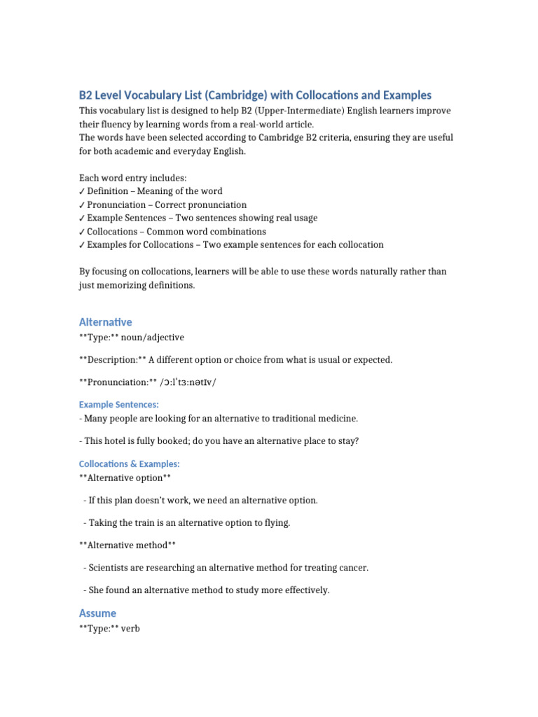 B2 Vocabulary List with Examples | PDF
