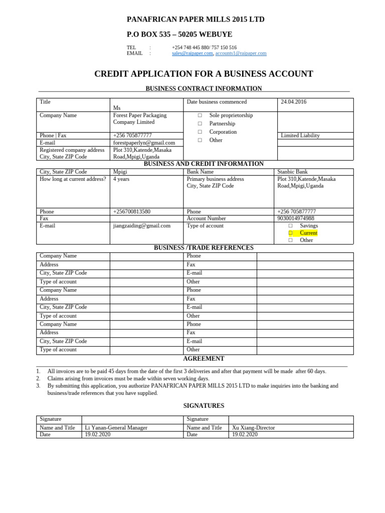 Credit Application for Forest Paper | PDF | Business | Civil Law (Legal ...