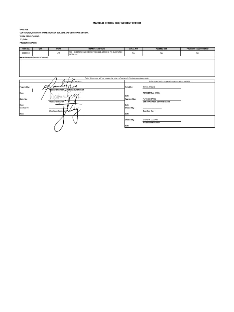 Material Return Slip for Fiber Optics | PDF