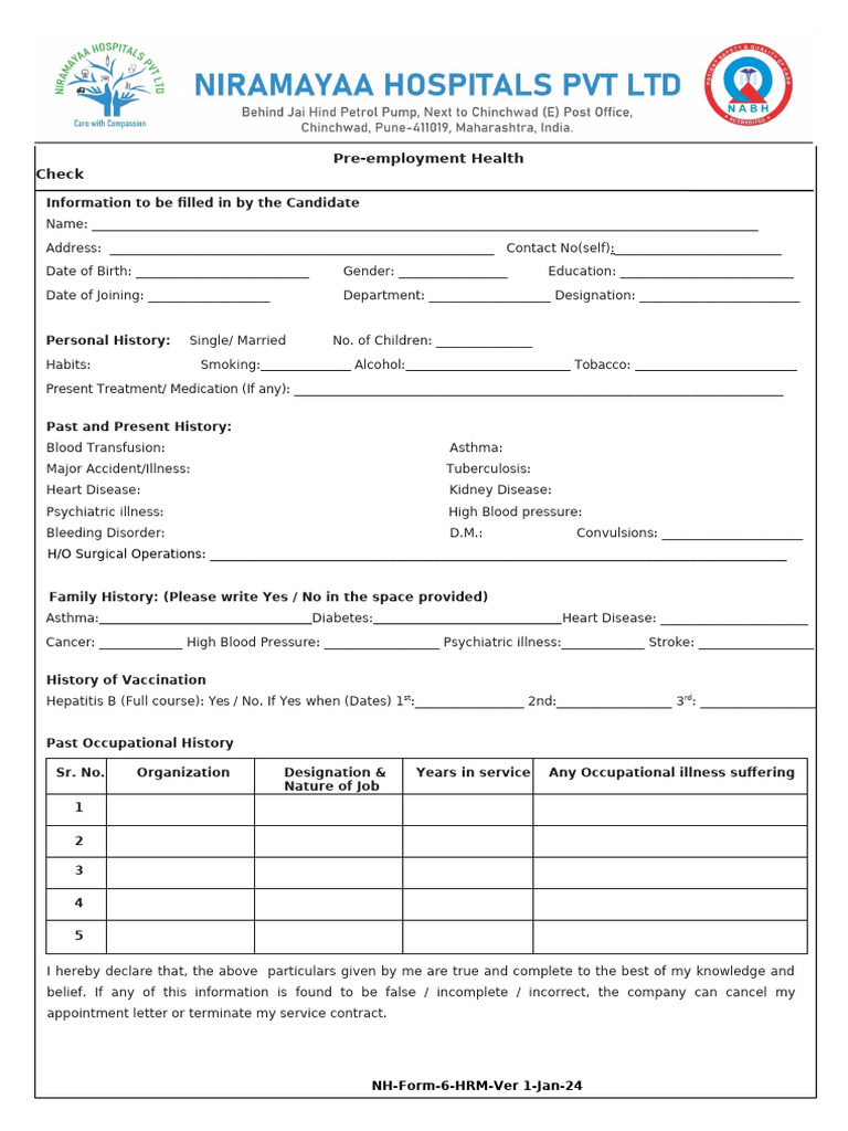Pre-employment Health Check Form | PDF | Physical Examination ...