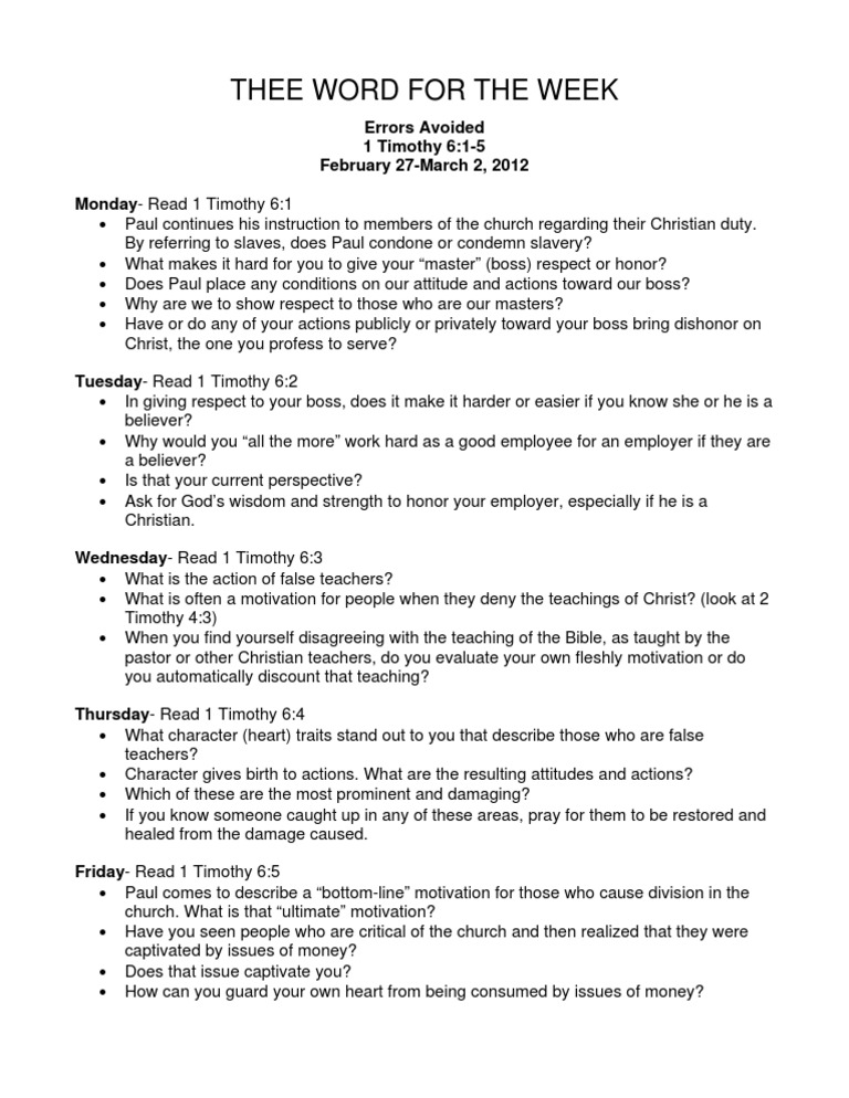 Weekly Study: 1 Timothy Insights | PDF