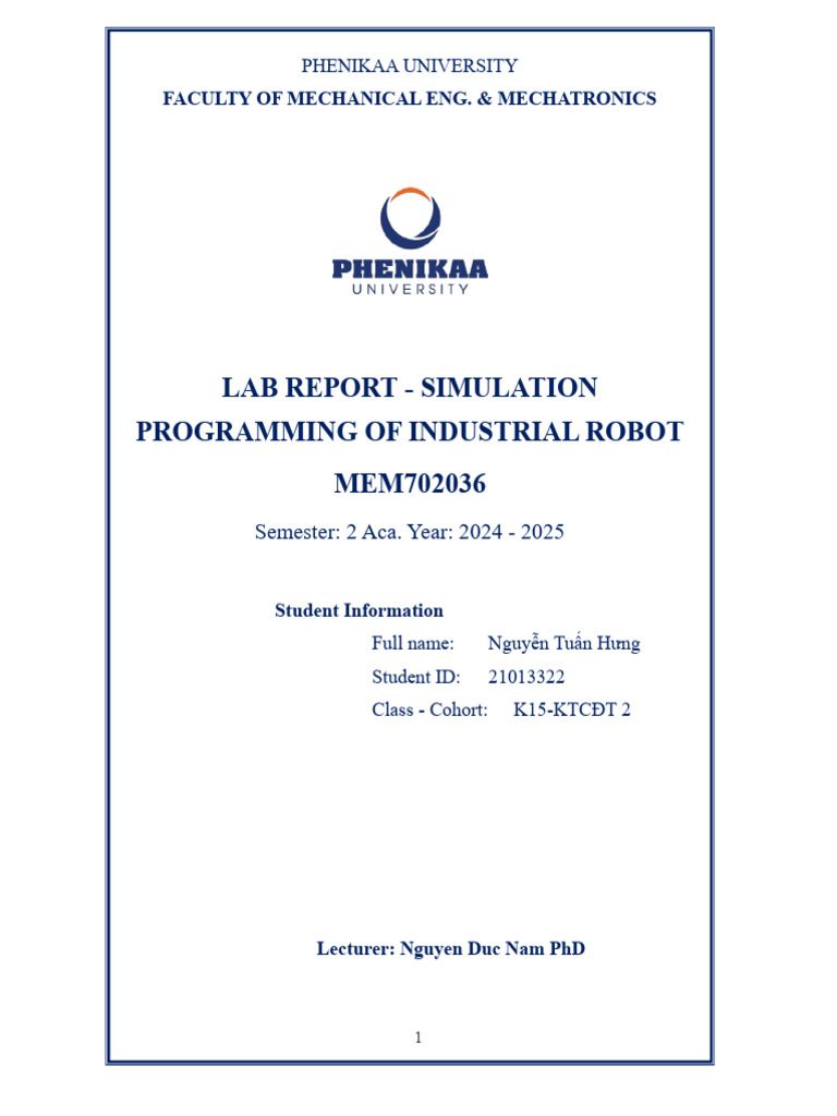 Lab Report - Simulation Programming of Industrial Robot MEM702036 | PDF