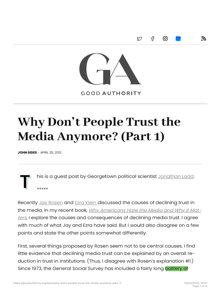 Why Don't People Trust The Media Anymore? (Part 1) PDF Political