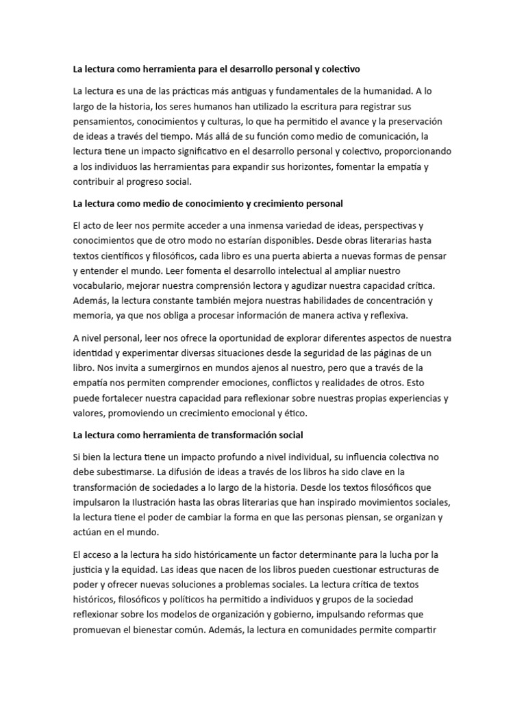La Lectura Como Herramienta para El Desarrollo Personal y Colectiv1 ...