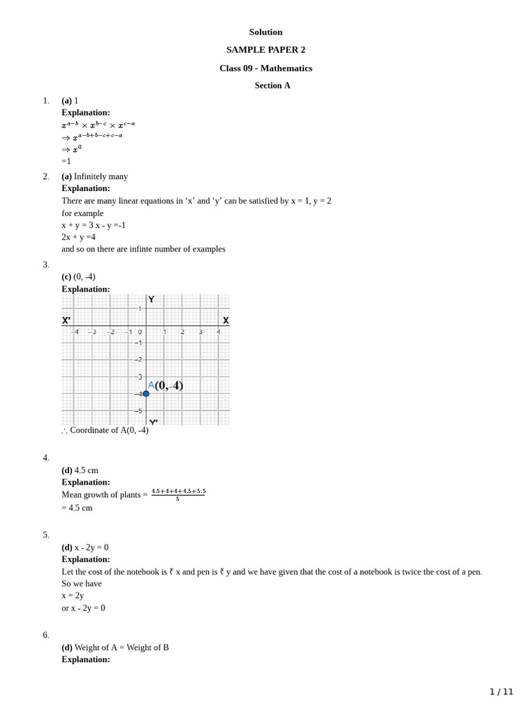 Class 9 Math Sample Paper Solutions | PDF | Area | Angle