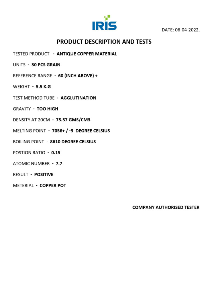 Rice Puller Test Results and Methods | PDF | Water | Copper