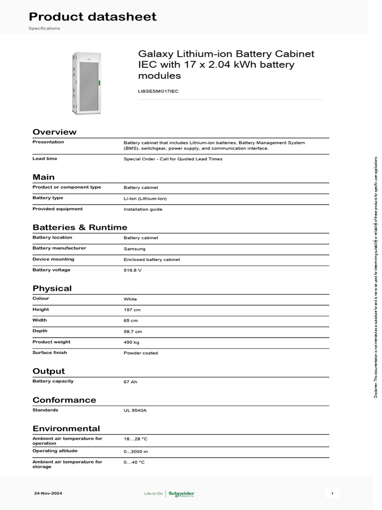 Galaxy Lithium-ion Battery Cabinet Specs | PDF