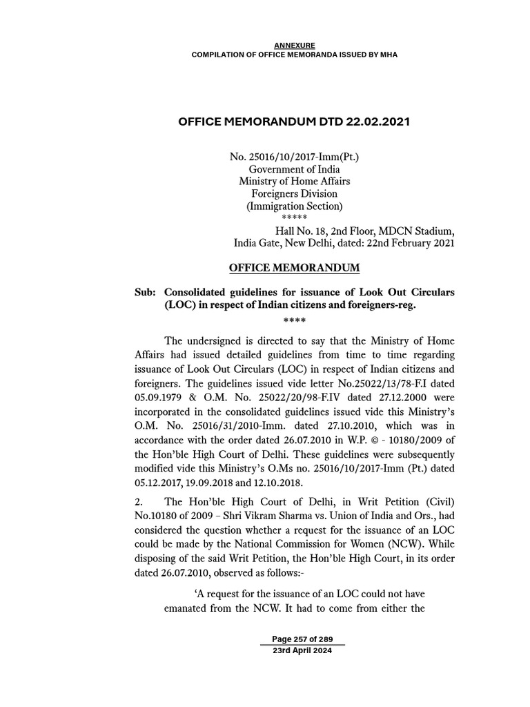 MHA Guidelines for Look Out Circulars | PDF | Government | Public Law