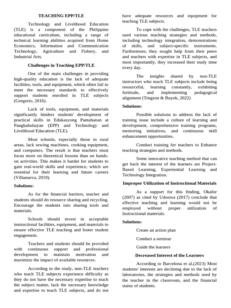Enhancing TLE Teaching Methods | PDF | Teachers | Learning