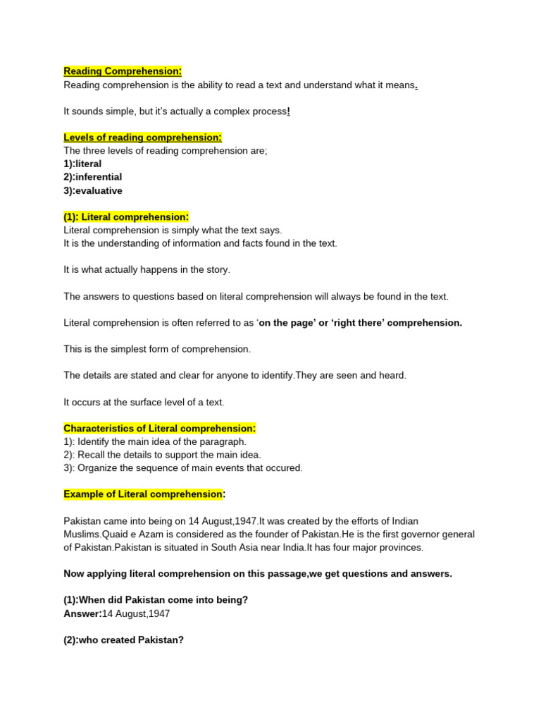 Reading Comprehension Basics | PDF | Reading Comprehension | Cognitive ...