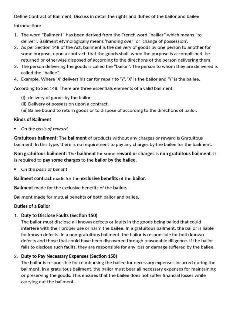 Contract of Bailment PDF Damages Indemnity