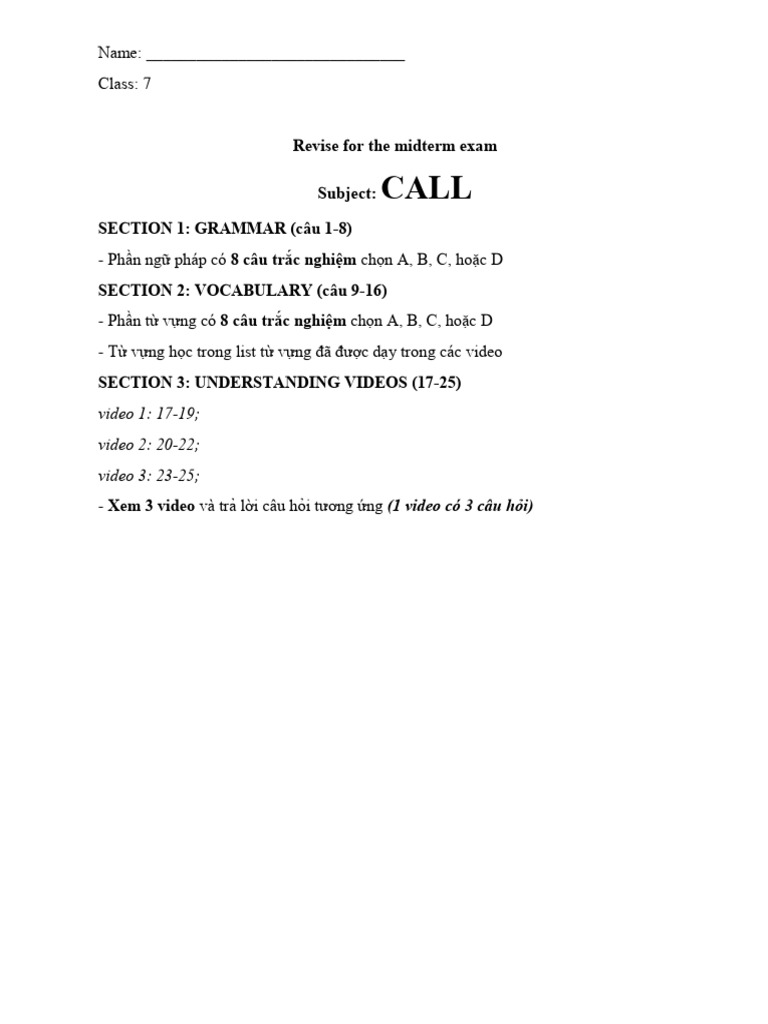 Revise For Midterm 1-CALL - Grade 7 | PDF