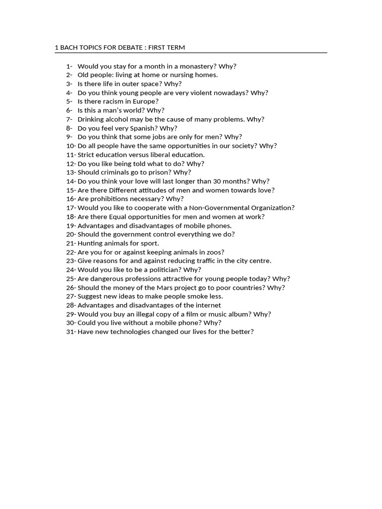 Debate Topics for BACH First Term | PDF