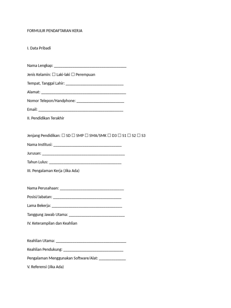 Formulir Pendaftaran Kerja Online | PDF