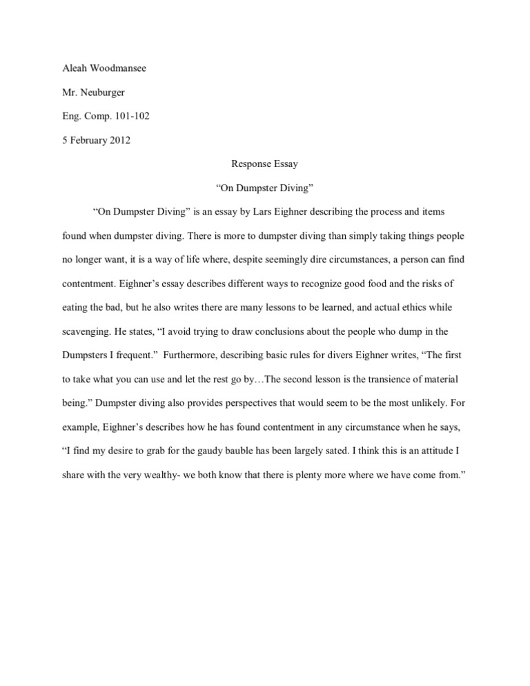 On Dumpster Diving Response Essay Diving