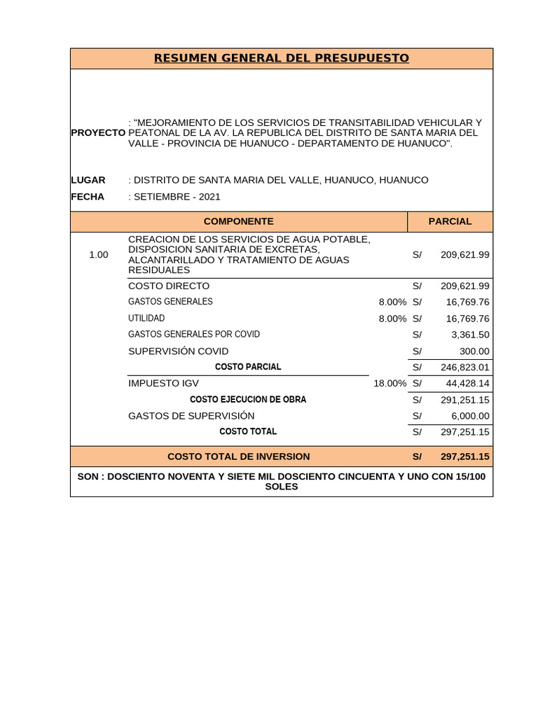 Presupuesto Mejoramiento Vial Santa María | PDF | Higiene