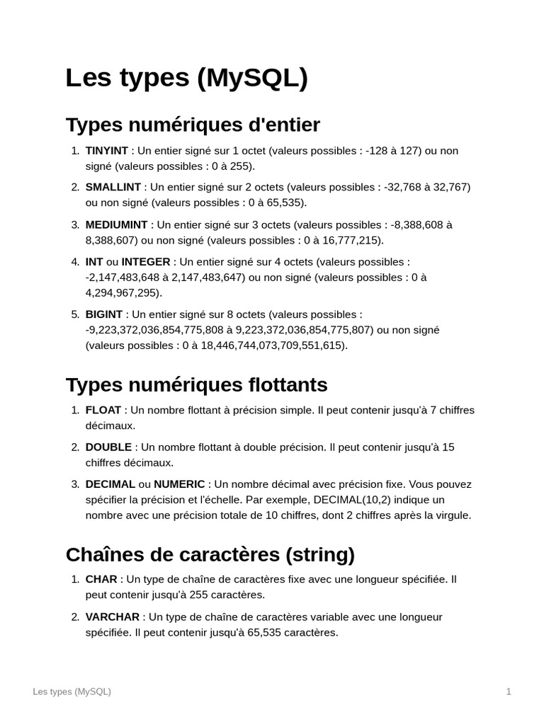 Types de données dans MySQL | PDF | Décimal | Données informatiques