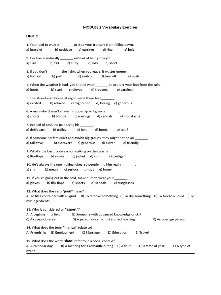 Vocabulary Exercises for Language Learning | PDF | Meal | Baggage