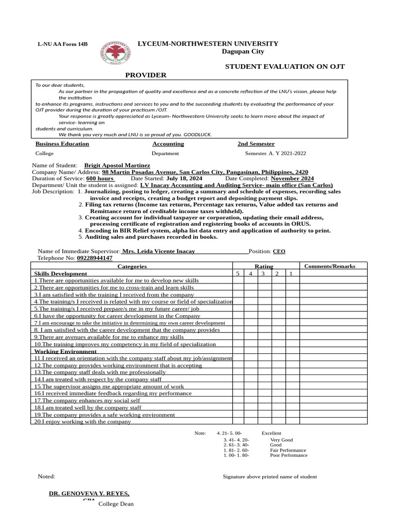 Student Evaluation Form Pdf Business Economies