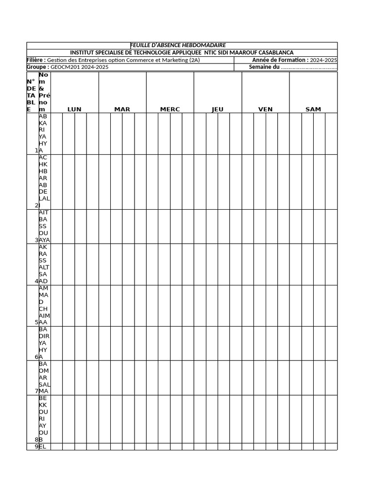 Feuille d'Absence Hebdomadaire NTIC | PDF