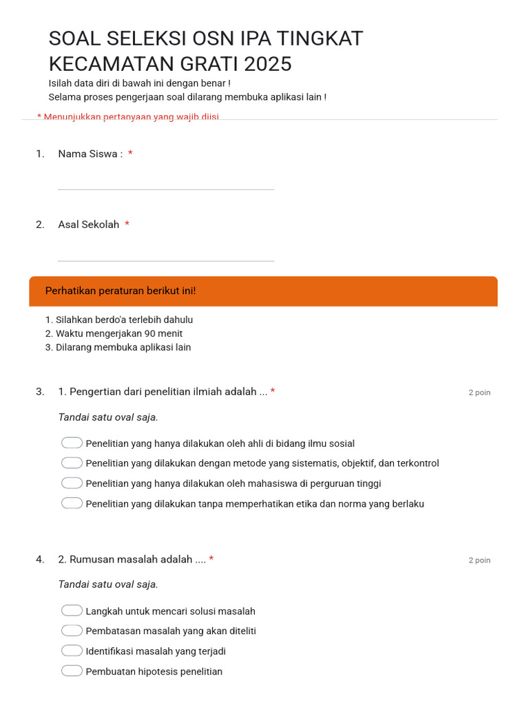 SELEKSI OSN TINGKAT KECAMATAN GRATI 2024 2025 Google Formulir PDF