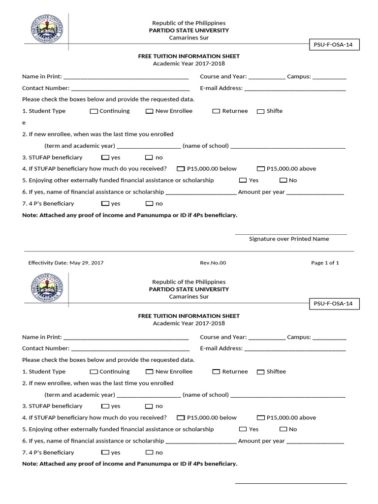 Free Tuition Info Sheet for PSU 2017-2018 | PDF