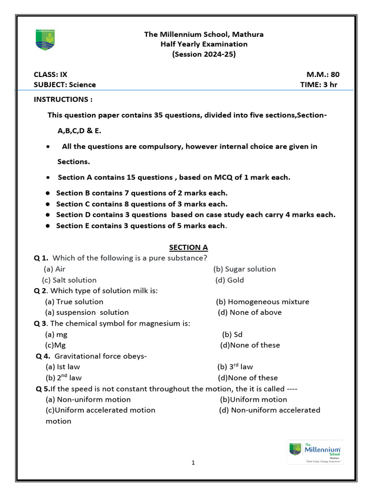 Class 9 Science Half Yearly Exam 2024-25 | PDF | Cell Membrane | Osmosis