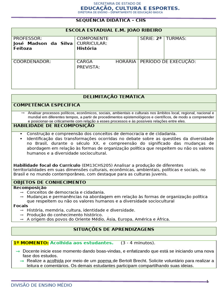 Modelo de Sequência Didática | PDF | Estado | Pedagogia