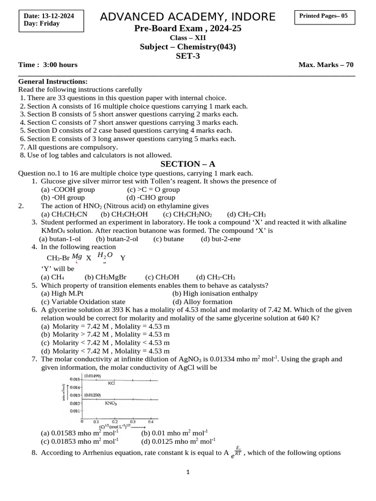 Class XII Chemistry Pre-Board Exam 2024-25 | PDF | Chemical Compounds ...
