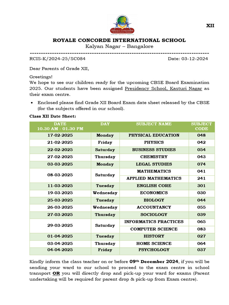 RCIS-K Parent Circular For XII 2024-25 - Board Exam Datesheet - 03-12 ...