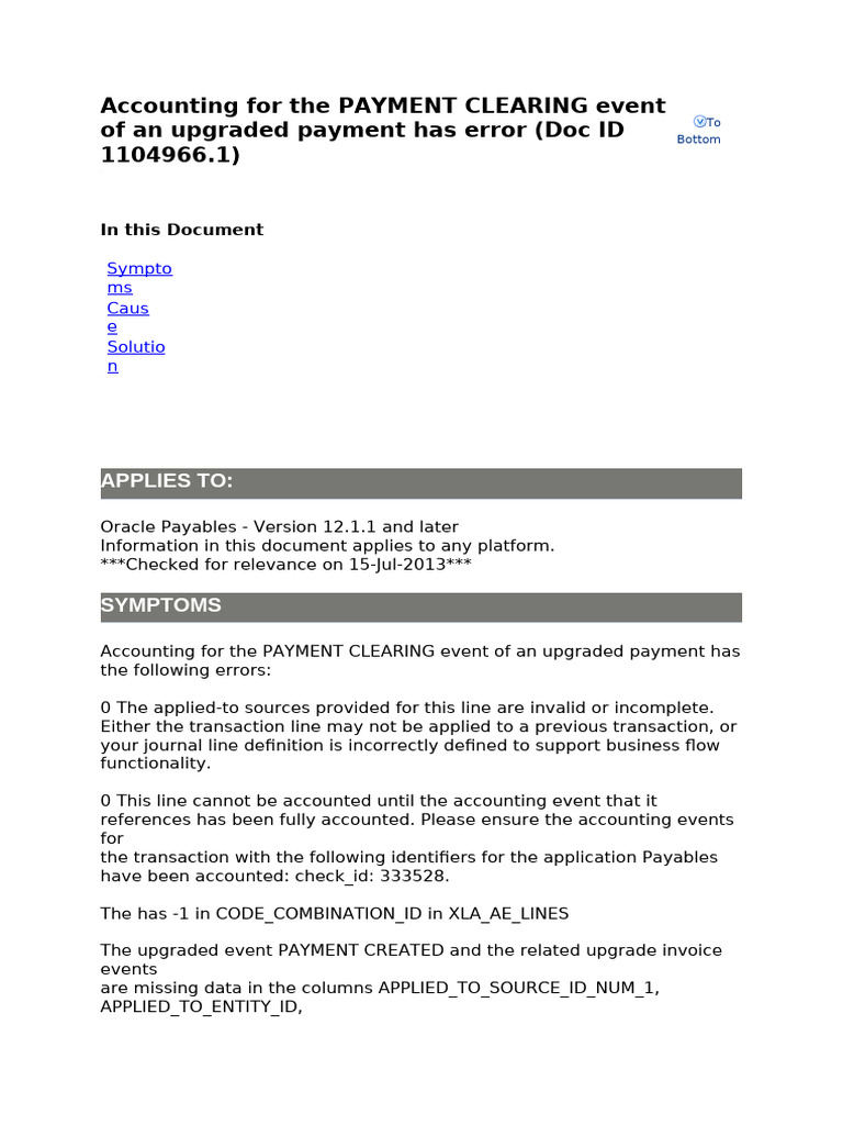 R12 Accounting For The PAYMENT CLEARING Event of An Upgraded Payment Has  Error (Doc ID 1104966.1) | PDF