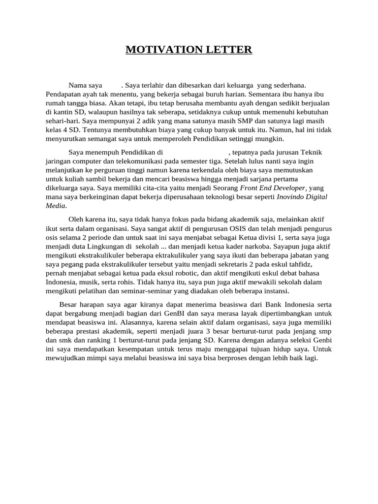 Surat Motivasi Beasiswa GenBI 2023 | PDF