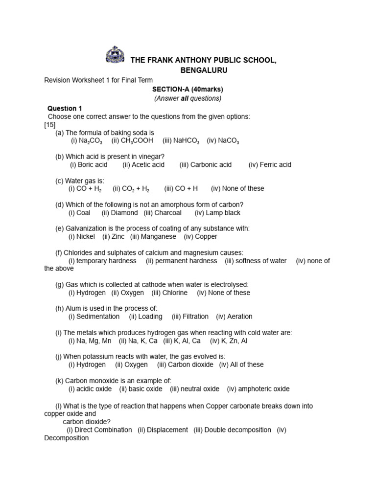 8 Revision WS 1 Final Term | PDF | Oxide | Chemical Reactions
