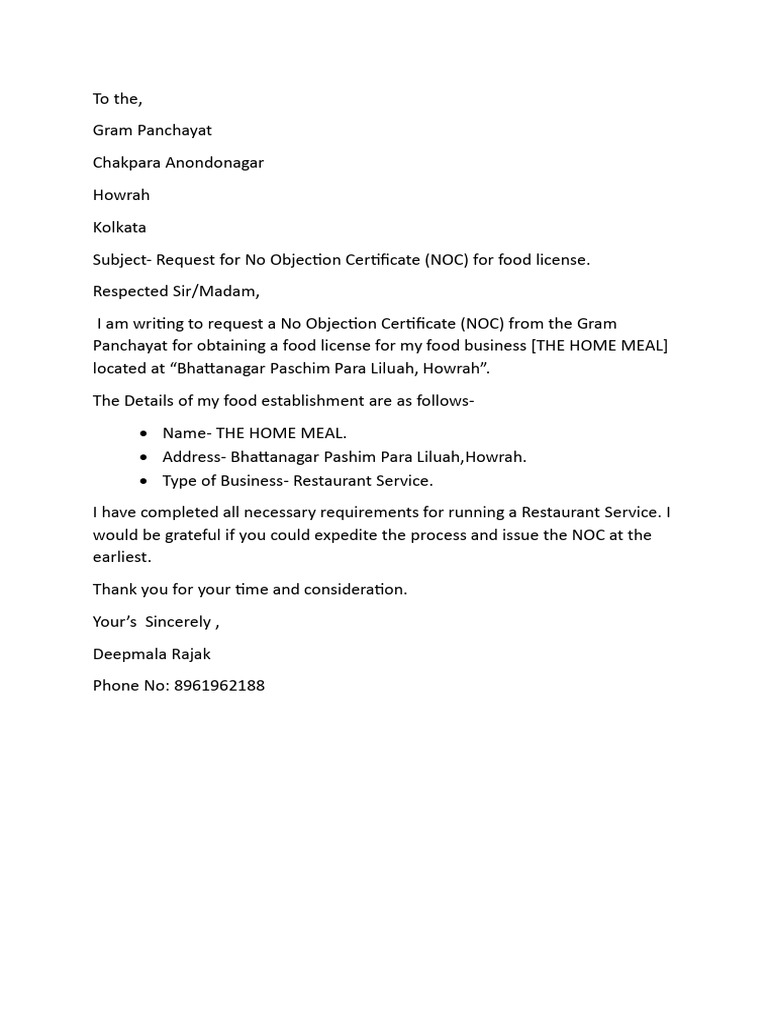 NOC Request for Food License | PDF