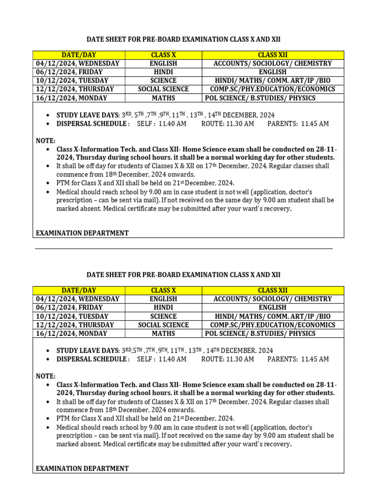 Pre-Board Exam Dates Class X & XII 2024 | PDF | Educational Stages