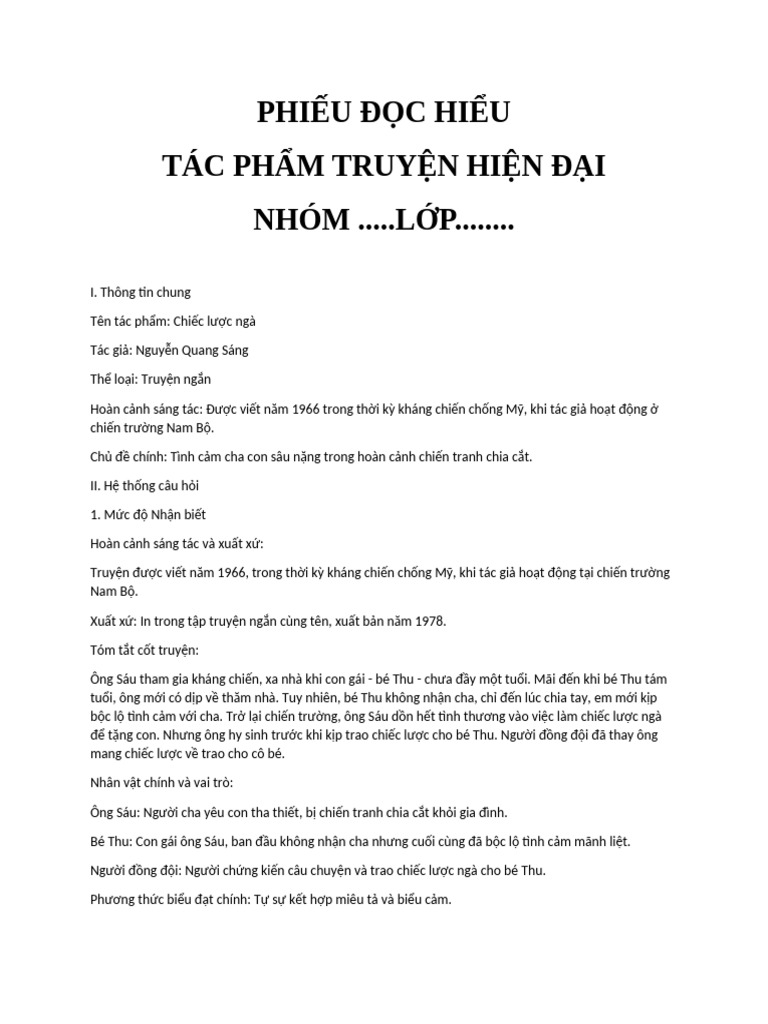 Phiếu Đọc Hiểu Nhóm 2 | PDF