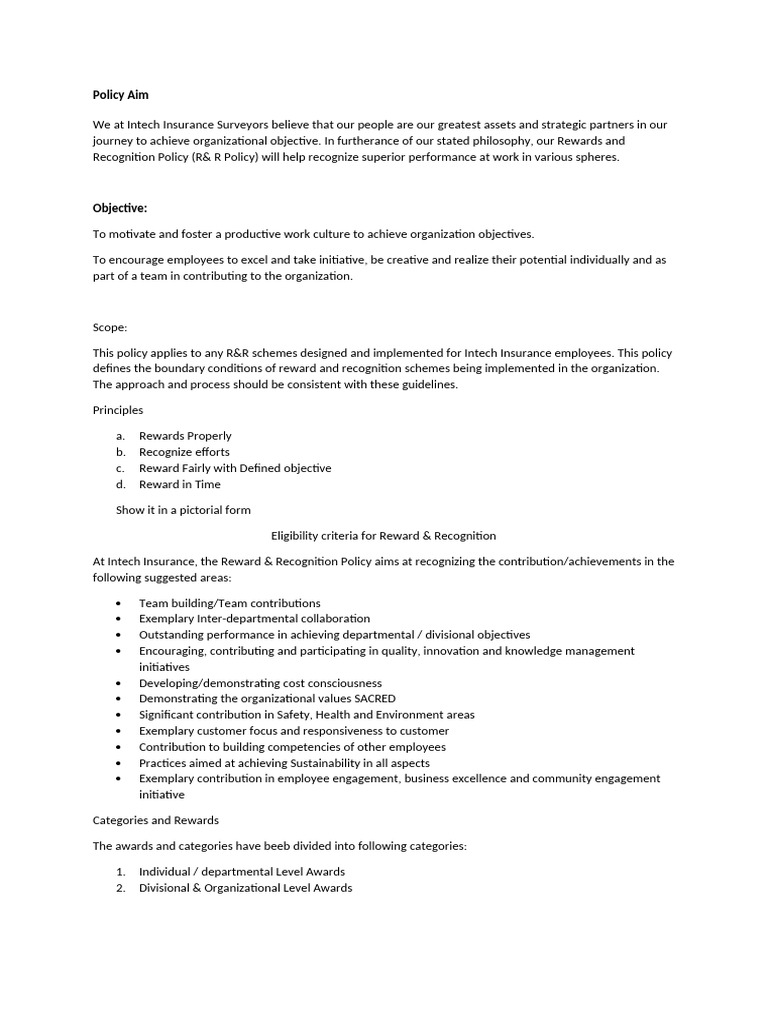 Intech Insurance Rewards & Recognition Policy | PDF | Policy | Business