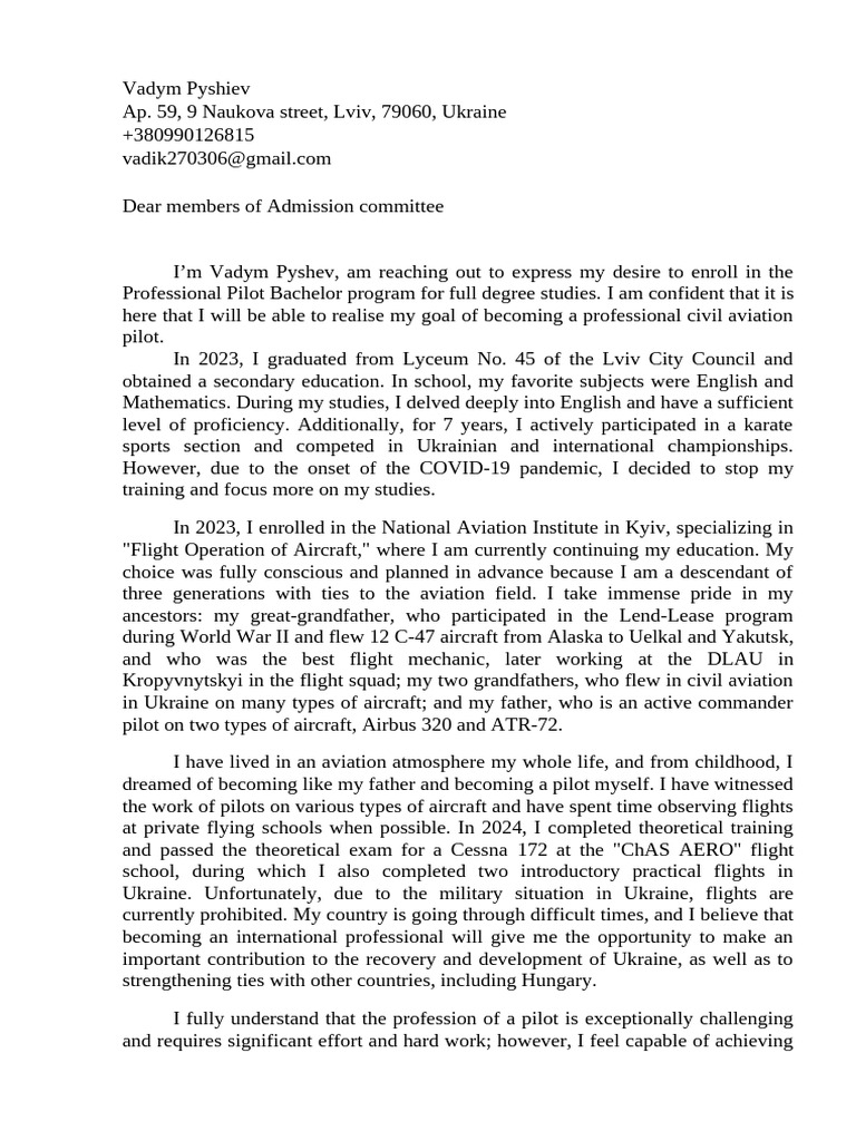Pilot Program Motivation Letter | PDF | Aviation