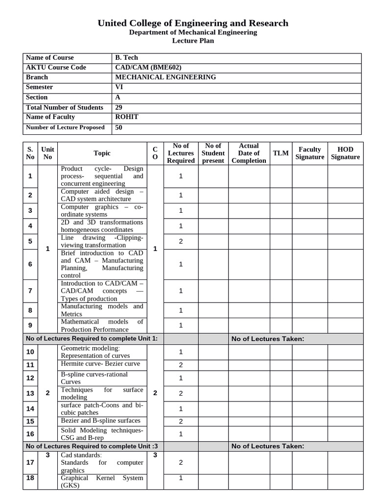 B.Tech CAD/CAM Lecture Plan ME | PDF | Numerical Control | Computer ...