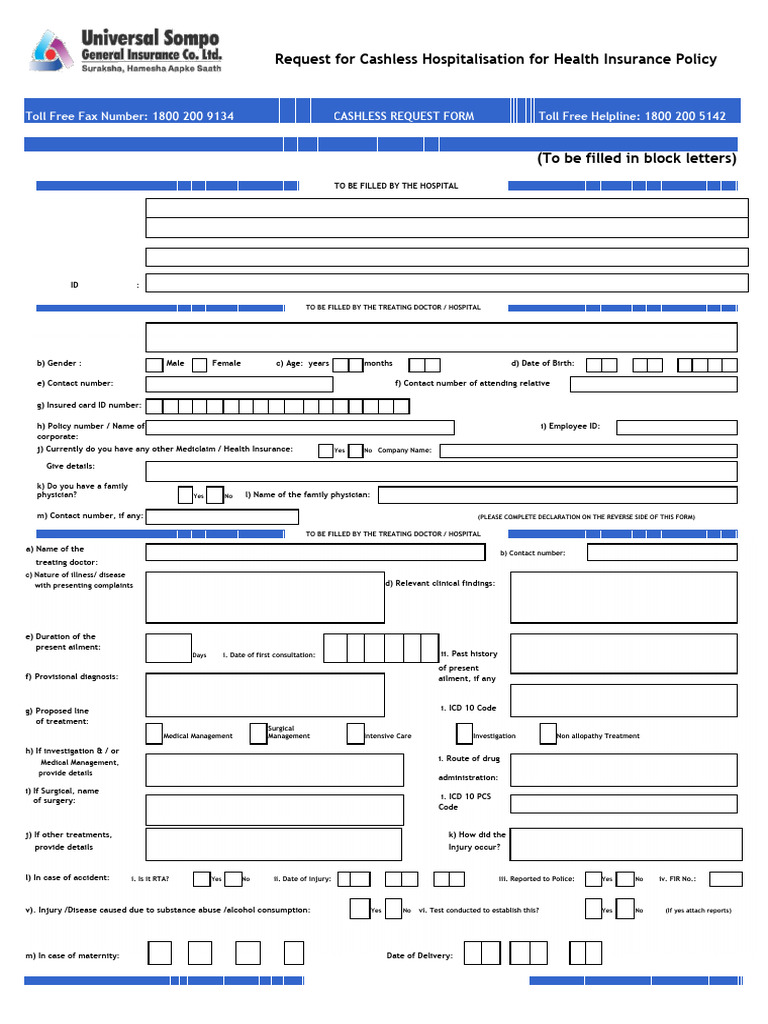 Cashless Hospitalization Request Form | PDF | Hospital | Insurance