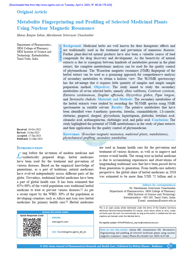 NMR Profiling of Medicinal Plant Metabolites | PDF | Metabolomics ...