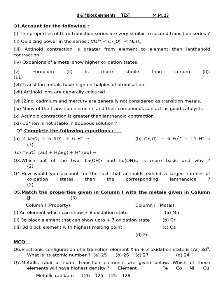 d & f Block Elements Properties Test | PDF