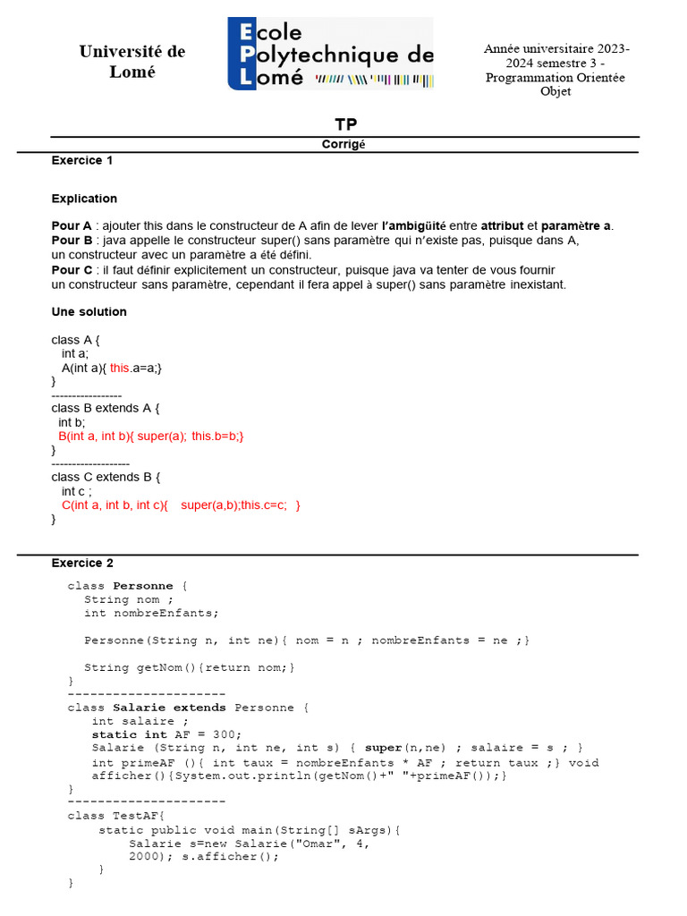 Corrigé TP Programmation Orientée Objet | PDF | Java (Langage de ...