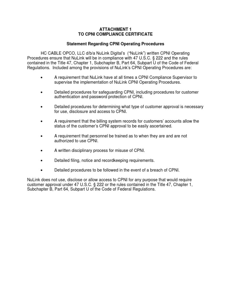 CPNI Compliance Certificate | PDF