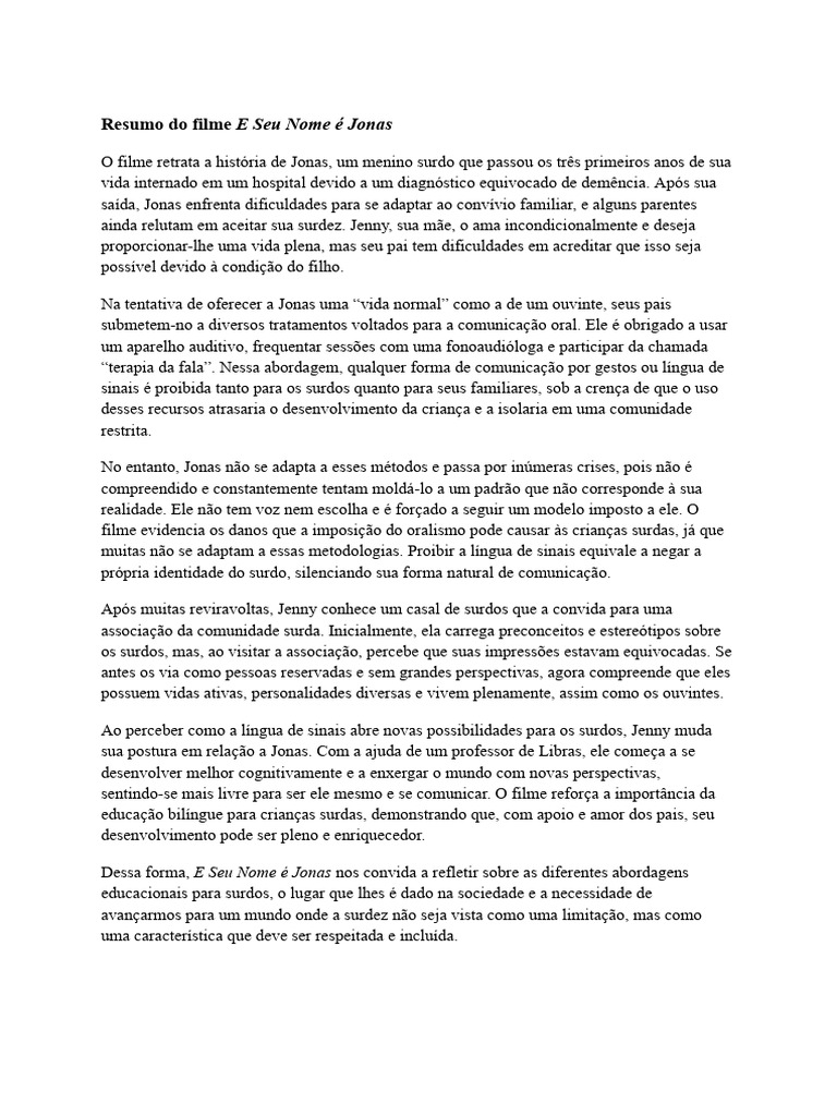 E Seu Nome é Jonas: A Luta pela Inclusão | PDF | Surdez