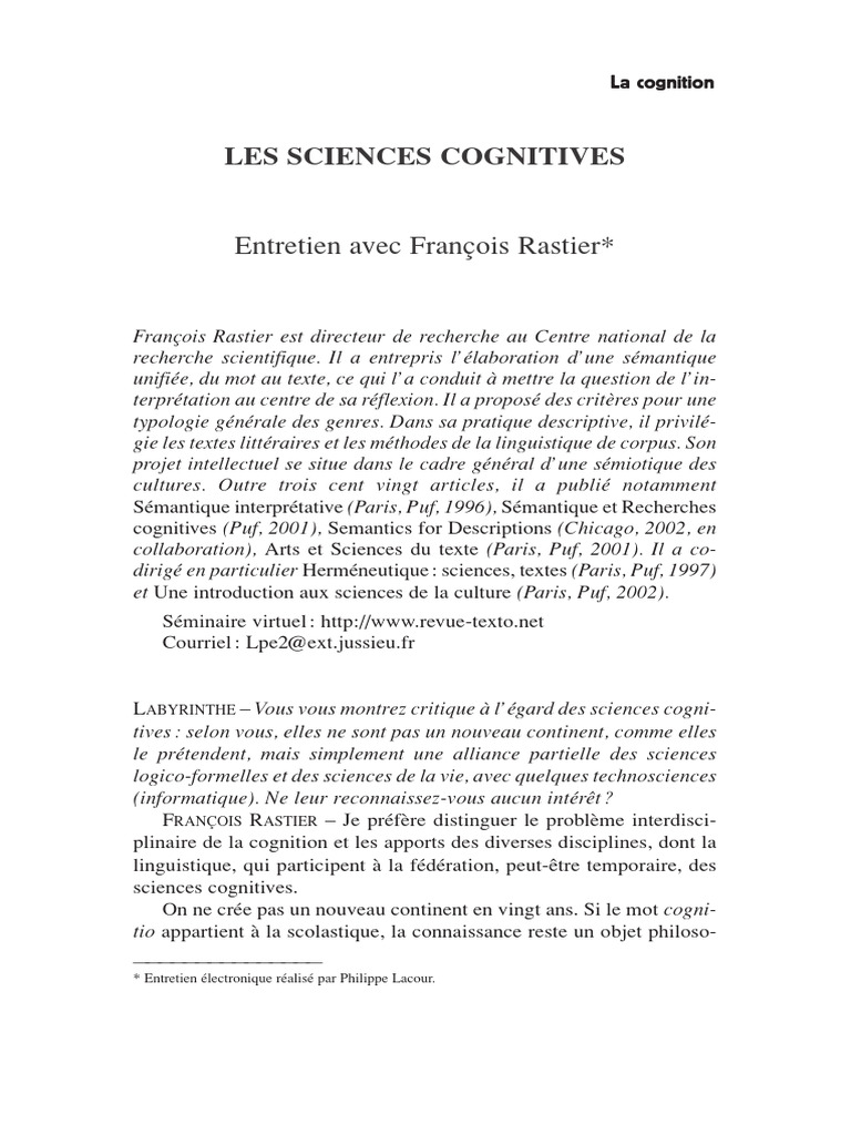 RASTIER (SD) .Les Sciences Cognitives - Entretien Avec Francois Rastier ...