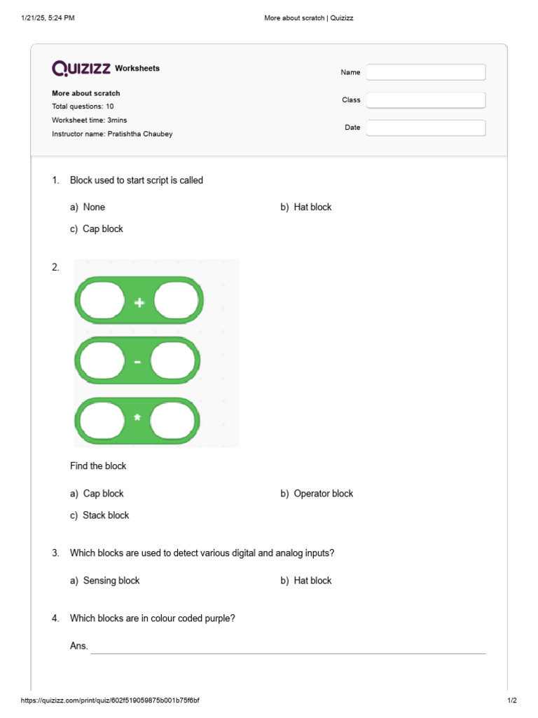 Scratch Quiz Worksheet | PDF