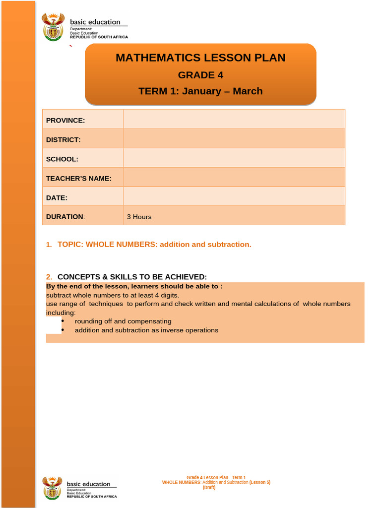 Grade 4 Math: Addition & Subtraction Plan | PDF | Subtraction | Homework