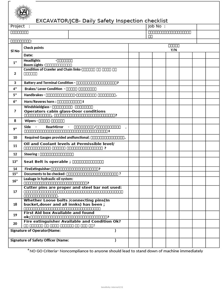 Excavator Checklist - HZL | PDF